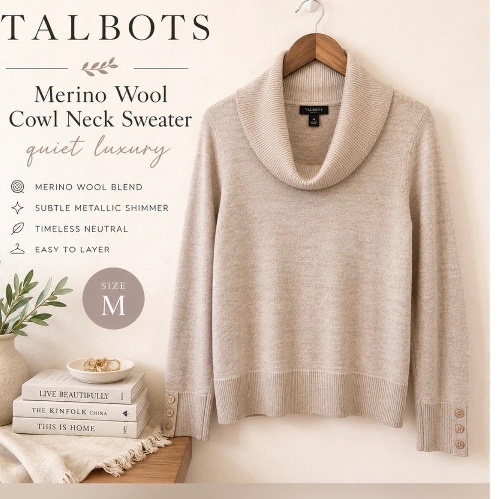 Talbots Merino wool blend staple capsule cowl neck tan neutral metallic sweater